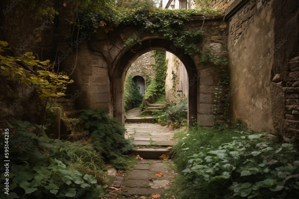 round archway in an old wall is overgrown with ivy created with Generative AI technology