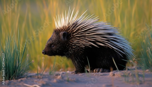 A porcupine in a grassland ai, ai generative, illustration photo