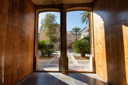 Courtyard of the Consolat del Mar  public building  seat of the Government of the Balearic Islands   seen from inside La Lonja  medieval gothic building  in Palma de Mallorca.