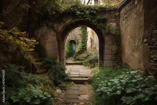 round archway in an old wall is overgrown with ivy created with Generative AI technology