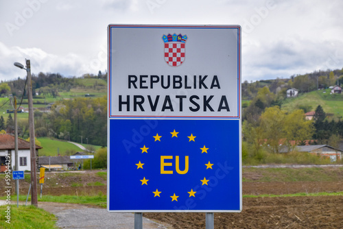 Border crossing between Croatia and Slovenia. Croatia become the 27th country of the Schengen Area. 