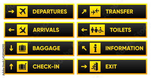 Airport sign departure arrival travel icon. Airport board airline sign, gate flight information. Various signs for airport visitors. Airport infrastructure. Vector illustration.