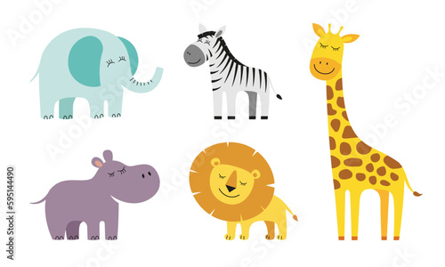 Cute cartoon style giraffe, elephant, lion, zebra and hippo. Drawing african baby wild animal set. Kind smiling jungle safari animals collection. Vector eps creative graphic hand drawn prints