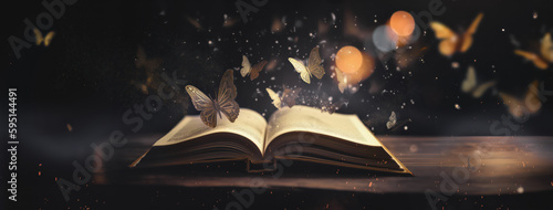 fairytale mystical open book with butterflies and golden sparkles wide banner design for headers with copy space area - Generative AI © sizsus