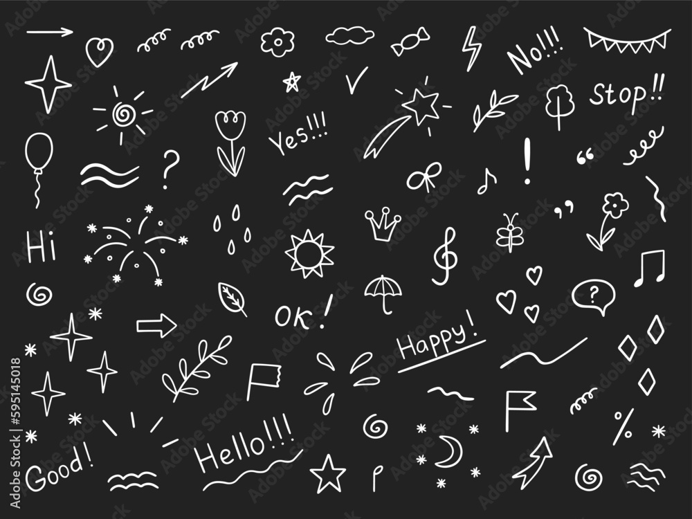 Hand drawn set of abstract doodle elements. Decorative illustrations in sketch style. Arrows, heart, stars, flowers, hearts, signs and symbols. Vector illustration isolated on black background