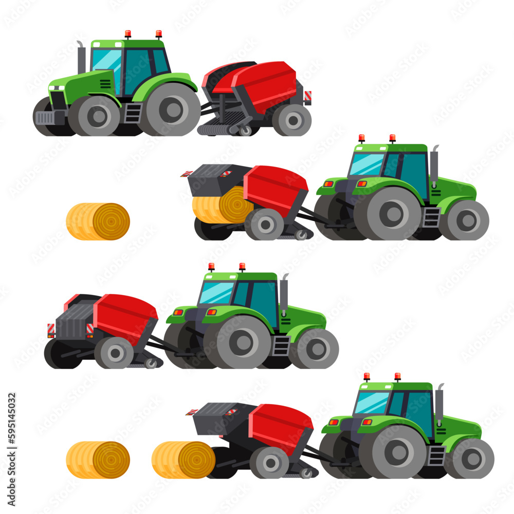 Farm hay baler trailed by tractor to compress a cut and raked crop into compact round bales. Colorful vector clip art on white background Farm hay baler trailed by tractor to compress a cut and raked crop into compact round bales. Colorful vector clip art on white background