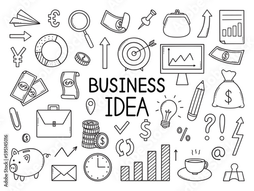 Hand drawn set of Business idea doodle. Diagrams, money, dollar Banknotes, coins, money bag in sketch style. Vector illustration isolated on white background.