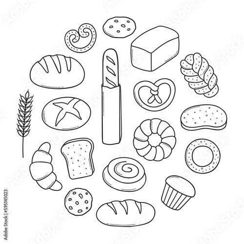Bread and bakery doodle set. Bagel, croissant, baguette, bun, cookie, sliced bread in sketch style. Hand drawn vector illustration isolated on white background
