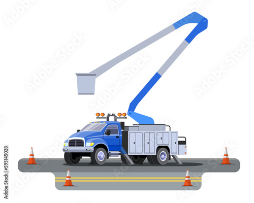 Modern bucket truck front side view. Aerial lift work basket vehicle. Vector clip art of cherry picker at road with cone on white background