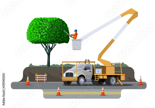 Tree pruning with hedge trimmer from aerial lift platform. Bucket truck tree surgeon city service vehicle. Aerial work basket vehicle. Vector clip art of cherry picker on white background