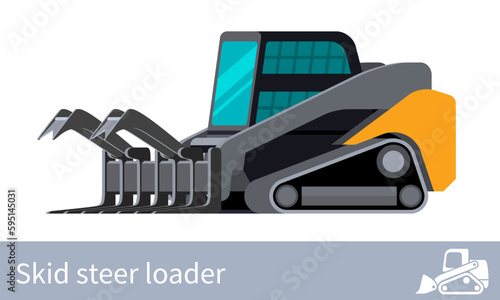 Tracked skid steer wood loader. Forestry equipment vehicle. Colorful vector illustration on white background