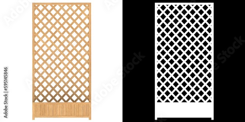 3D rendering illustration of a wooden trellis panel with planter