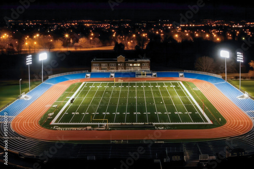Football and athletics stadium at night, generative ai