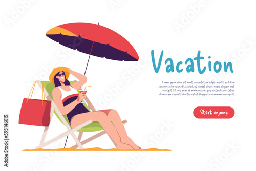 Young woman wearing hat and sunglasses sitting in lounge deck chair at the beach and drinking cocktail. Vector illustration