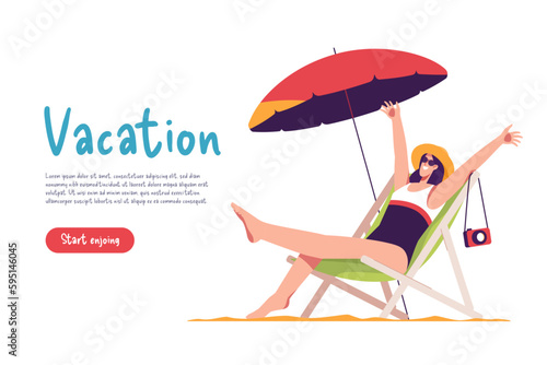Rejocing young woman wearing hat and sunglasses sitting in lounge deck chair at the beach. Vector illustration