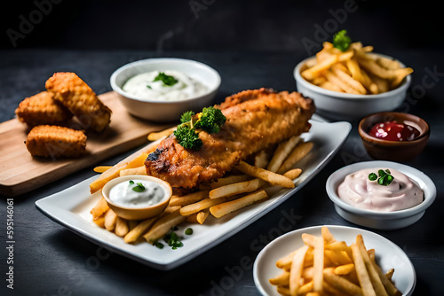 Fried fish and chips with mayonnaise and tartar sauce Generative AI