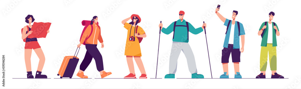 Set of tourists characters, traveling people. Vector illustration on the subject of summer vacation, adventures, hiking, exploring, journey, recreation