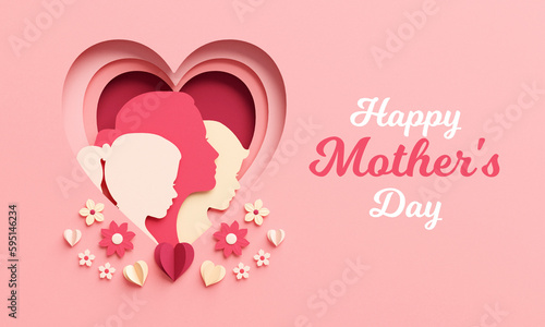 Fototapeta Happy Mother's Day flyer template. Celebration banner in paper cut, greeting card with text and copy space in 3D illustration