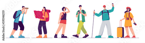 Set of tourists characters, traveling people. Vector illustration on the subject of summer vacation, adventures, hiking, exploring, journey, recreation