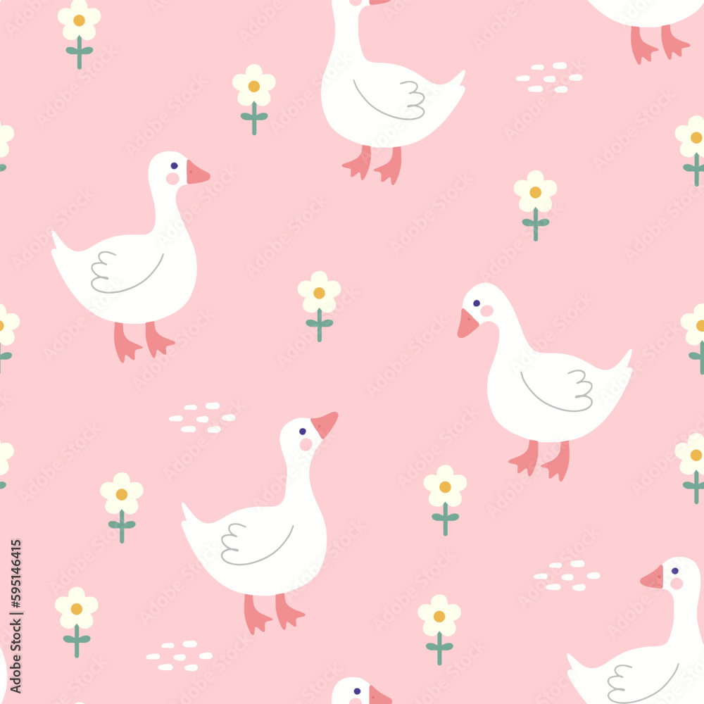 Cute goose on a pink girly background with camomile yellow flowers, kids fabric and textile vector print design, seamless pattern