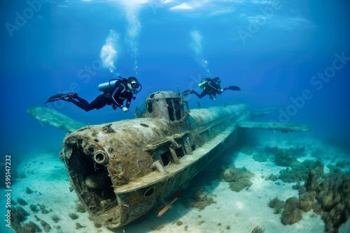Scuba divers exploring a sunken submarine wreck. Underwater mysteries  high quality generative ai