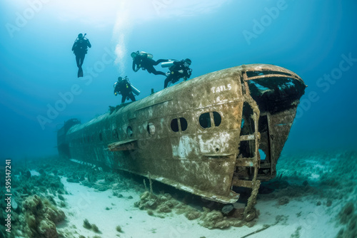 Scuba divers exploring a sunken airplane wreck. Underwater mysteries, high quality generative ai
