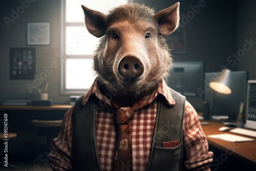 Anthropomorphic boar dressed in human clothing. humanized animal concept. AI generated, human enhanced