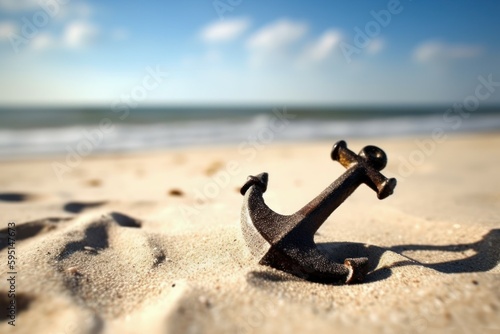 Anchor on the sandy beach. AI generated, human enhanced.