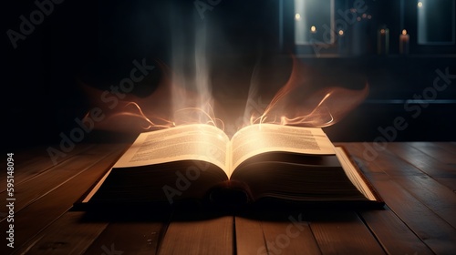 Open book on wooden table with rays of light coming out of pages. AI generated