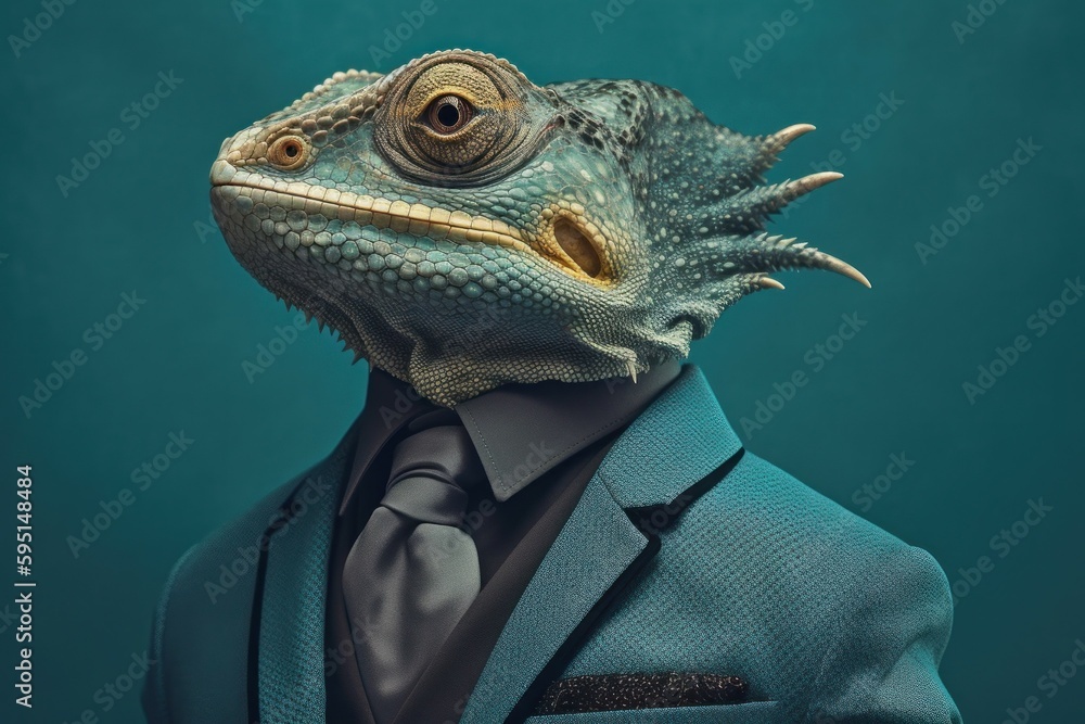 Anthropomorphic chameleon dressed in a suit like a businessman. business concept. AI generated, human enhanced Anthropomorphic chameleon dressed in a suit like a businessman. business concept. AI generated, human enhanced