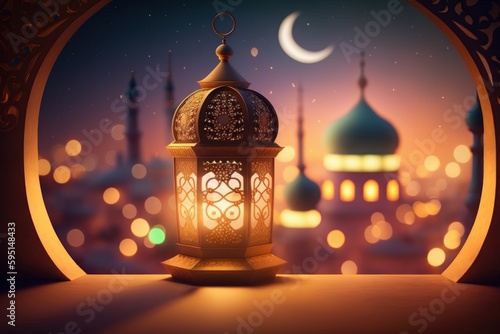 Ornate oriental lantern with beautiful bokeh of holiday lights and mosque in background. AI generated, human enhanced