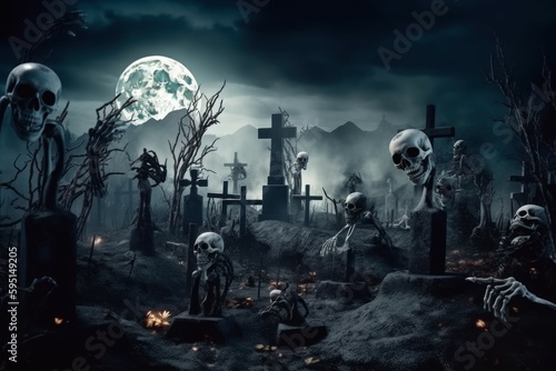 Zombies Rising In Dark. Bones And Skulls Out Of A Cemetery. AI generated, human enhanced © top images