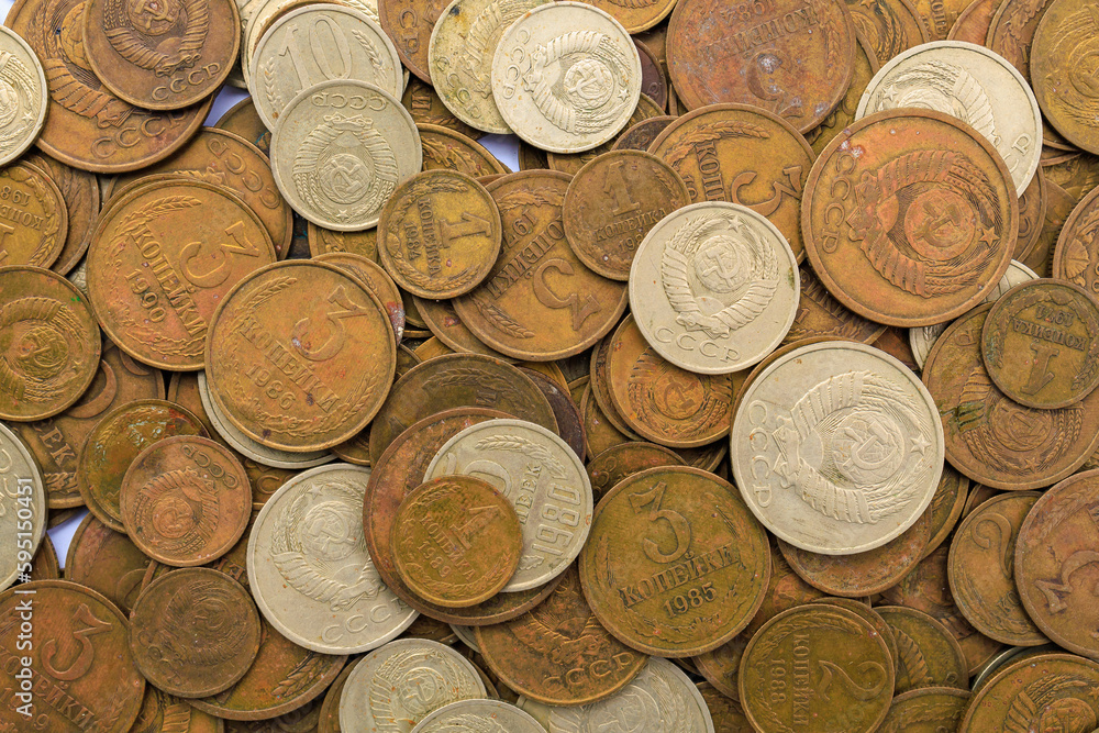 Soviet coins close up. USSR coins, top view. Old coins for numismatics. Historical heritage. Background Soviet coins close up. USSR coins, top view. Old coins for numismatics. Historical heritage. Background