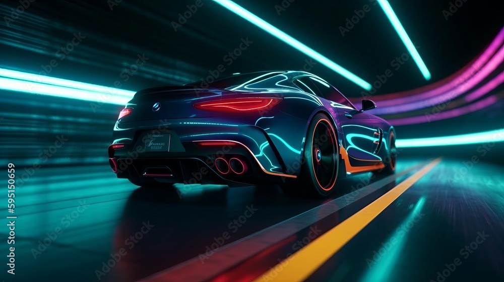 Fast supercar driving at high speed, with stunning neon lights city glowing in the background. AI generated Fast supercar driving at high speed, with stunning neon lights city glowing in the background. AI generated