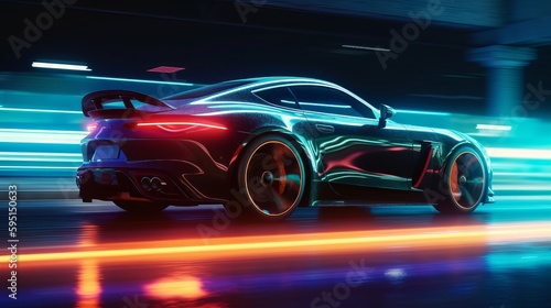 Fast supercar driving at high speed, with stunning neon lights city glowing in the background. AI generated