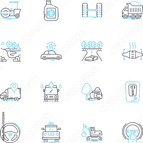 Car showroom linear icons set. Exotic, Sophisticated, Sporty, Classic, Luxury, Refinement, Performance line vector and concept signs. Elegant,Stylish,Sleek outline illustrations