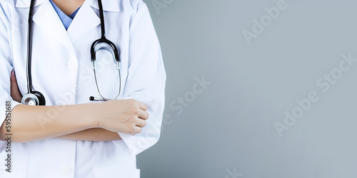 A woman doctor wearing a lab coat with a stethoscope with copy space. Created with Generative AI Technology