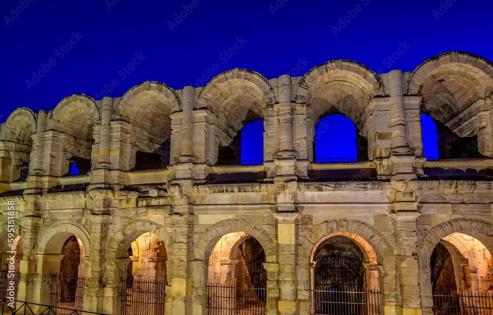 Roman Amphitheatre, Arles, Provence, France in night. Roman Amphitheatre, Arles, Provence, France in night.