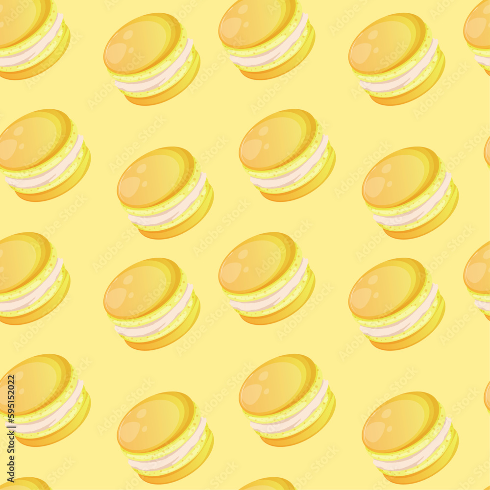 Seamless pattern with yellow cute cartoon macaroons on a yellow background. Bright seamless pattern with sweets for confectioner or postcard. Sweet background for candy store