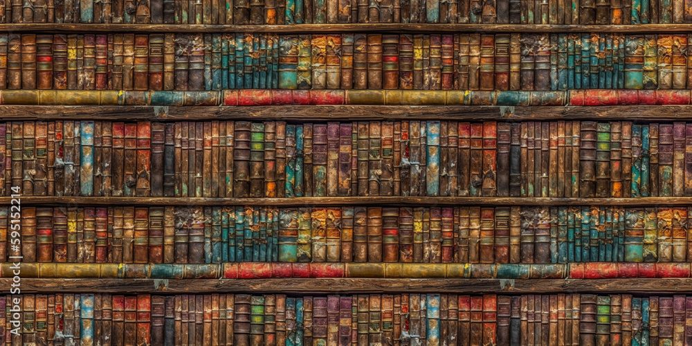 Old books on wooden shelf in library. AI generative illustration. Old books on wooden shelf in library. AI generative illustration.