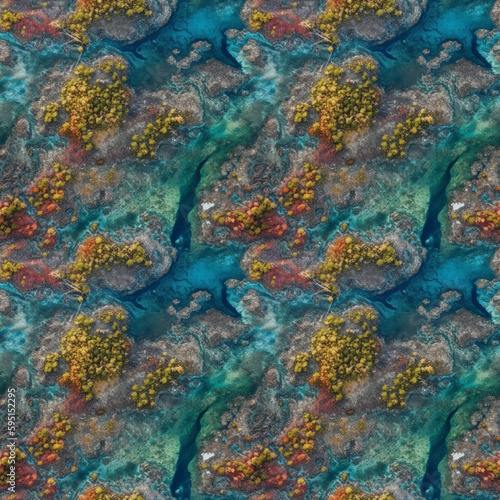 Summer nature northern tundra landscape from above. AI generative illustration.