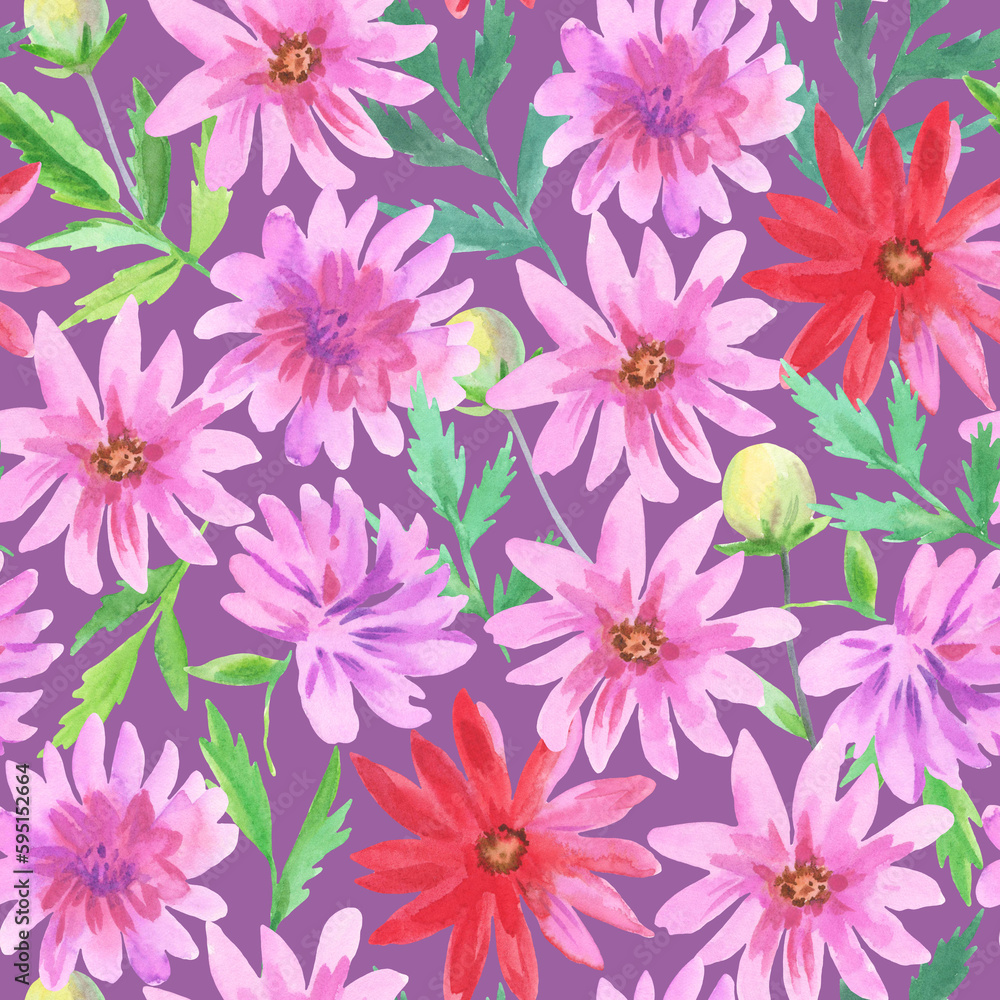 Colorful seamless pattern with watercolor pink and red dahlia flowers.