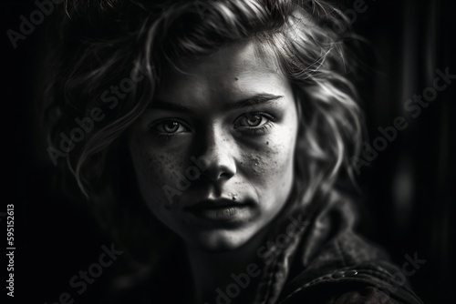black and white illustration of a young girl created with Generative AI technology