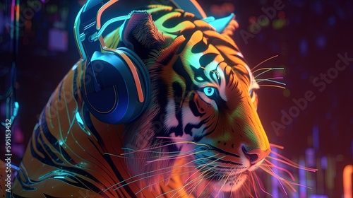 tiger with headphones, digital art illustration, Generative AI