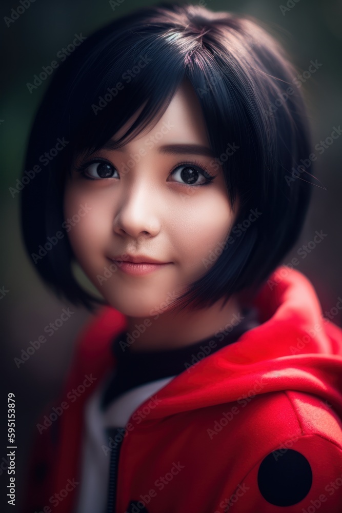 Cheerful close-up portrait of a cute teenage girl with short black hair, wearing a red sweater jacket and exuding playful confidence. Created with generative A.I. technology. Cheerful close-up portrait of a cute teenage girl with short black hair, wearing a red sweater jacket and exuding playful confidence. Created with generative A.I. technology.