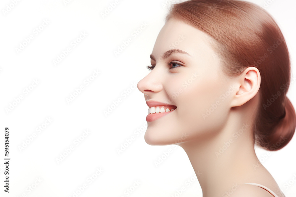Beautiful young redhead woman, copy space, banner, Generative AI Beautiful young redhead woman, copy space, banner, Generative AI