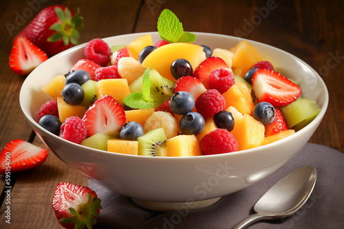 Big bowl of bright fruit salad. Generative AI