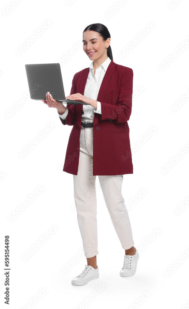 Happy woman with laptop on white background Happy woman with laptop on white background