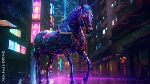 majestic horse cyberpunk, digital art illustration, Generative AI