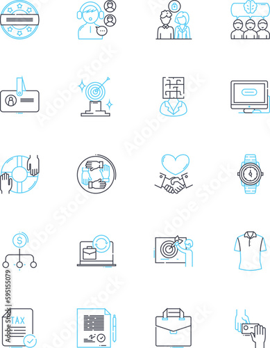 Desk job linear icons set. Sedentary, Monotonous, Productivity, Ergonomics, Stressful, Concentration, Cluttered line vector and concept signs. Organization,Routine,Deadline outline illustrations
